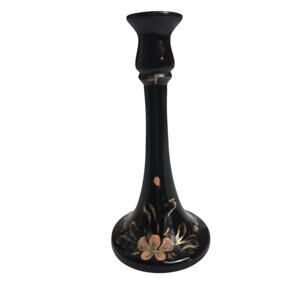 Vintage Black Amethyst Glass Candlestick 9” Floral Etched Gothic Cottagecore